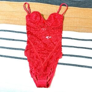 Victoria Secret Gold Tag Teddy lingerie Vintage red Lace & Shine Bodysuit - 32B